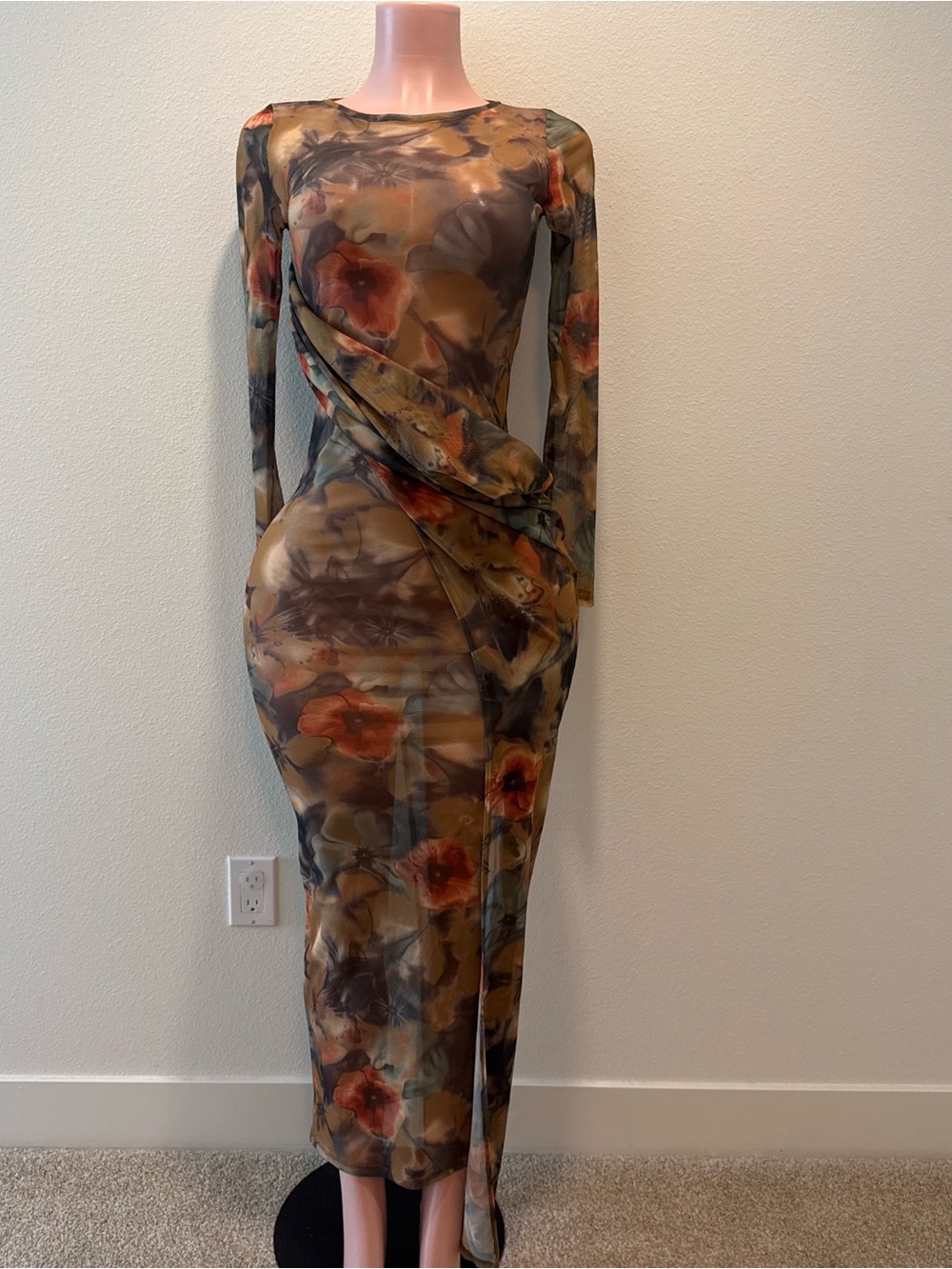 Floral Sheer Long-Sleeve Bodycon Dress in Olive Multi